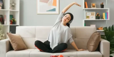 pleased-young-girl-wearing-headphones-doing-yoga-sitting-sofa-coffee-table-living-room daily energy