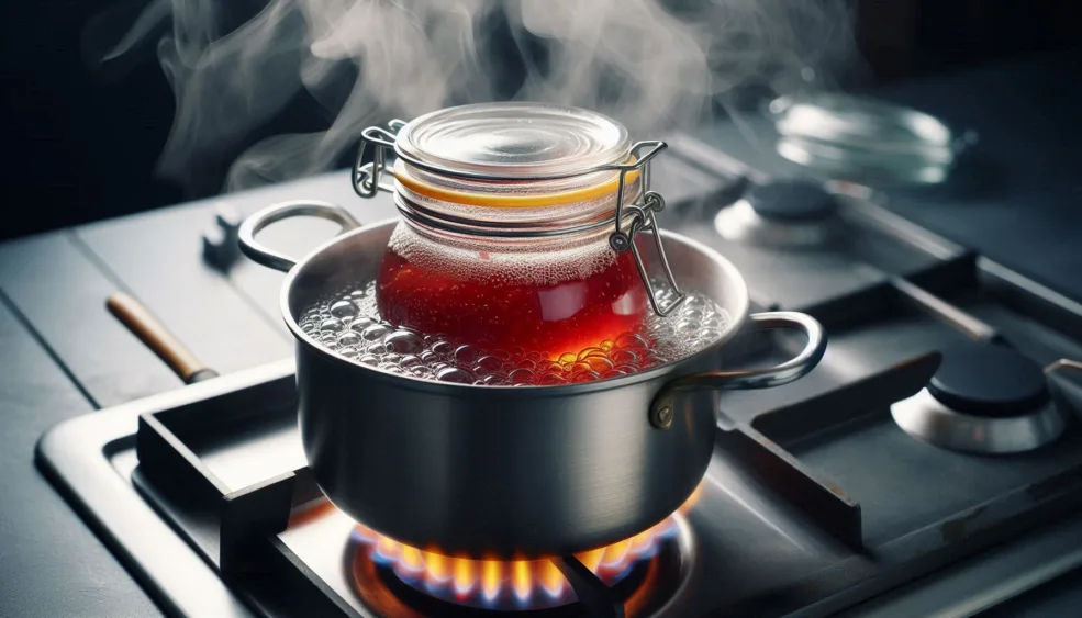 روش بن ماری چیست؟ 1 شیشه مربای بین ماری روی آب جوش داخل یک قابلمه استیل