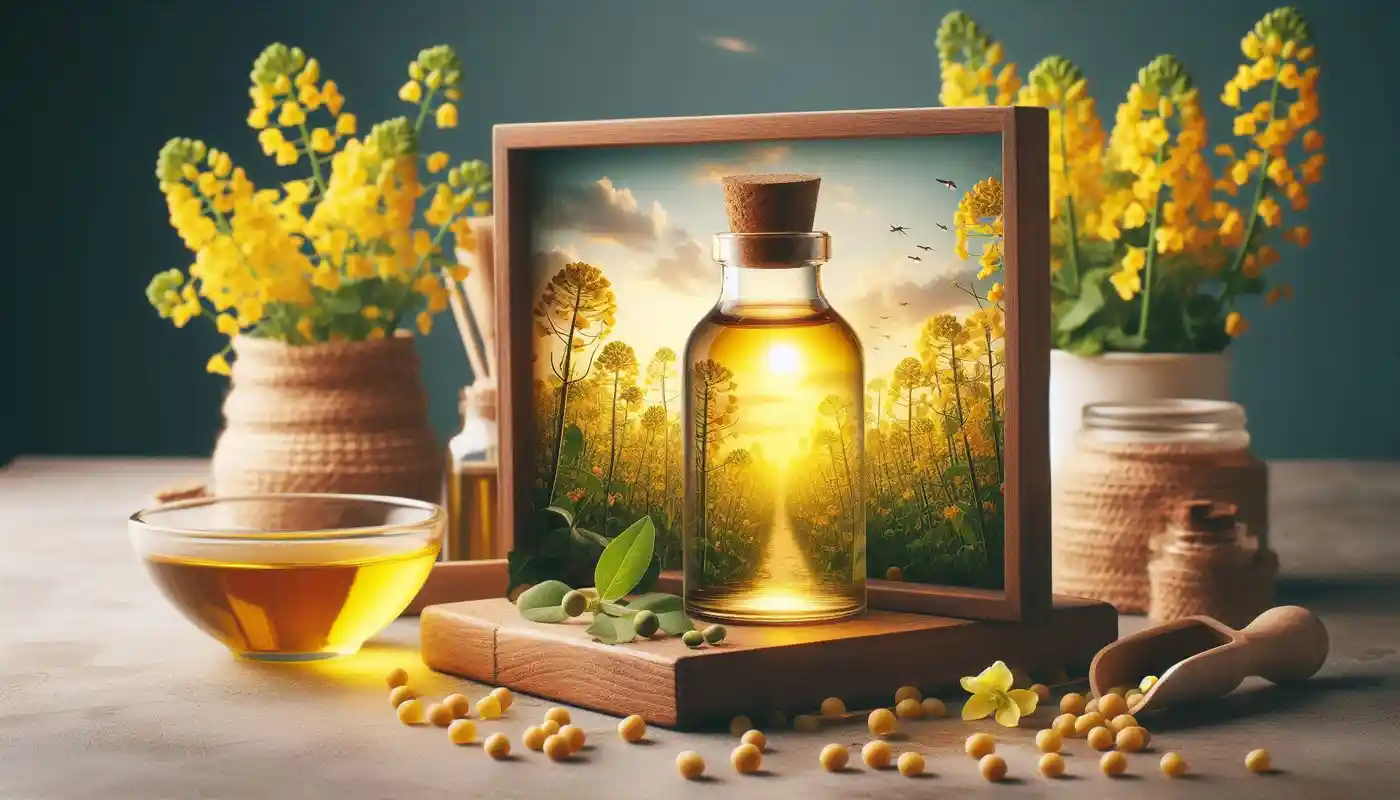 روغن کانولا چیست؟ 10 دلیل که این روغن را به رژیم غذایی خود اضافه کنید 1 بطری روغن کانولا به همراه گل ها و دانه های این گیاه و تصویر مزرعه کانولا - روغن کانولا چیست