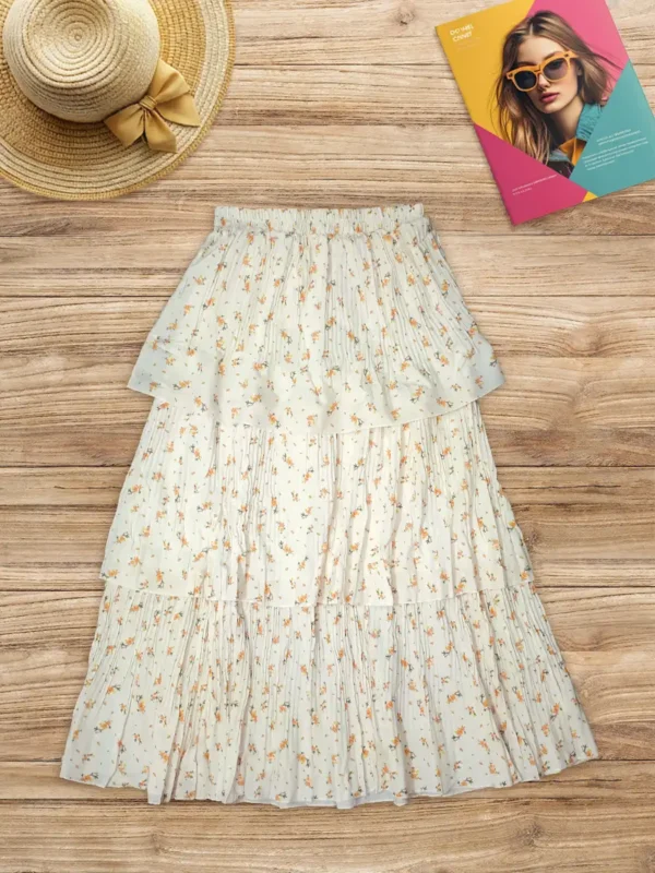 دامن سه طبقه با گل‌های ریز زرد