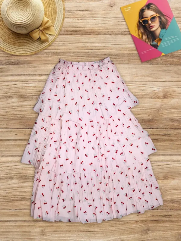 دامن سه طبقه صورتی طرح پاپیون ریز قرمز